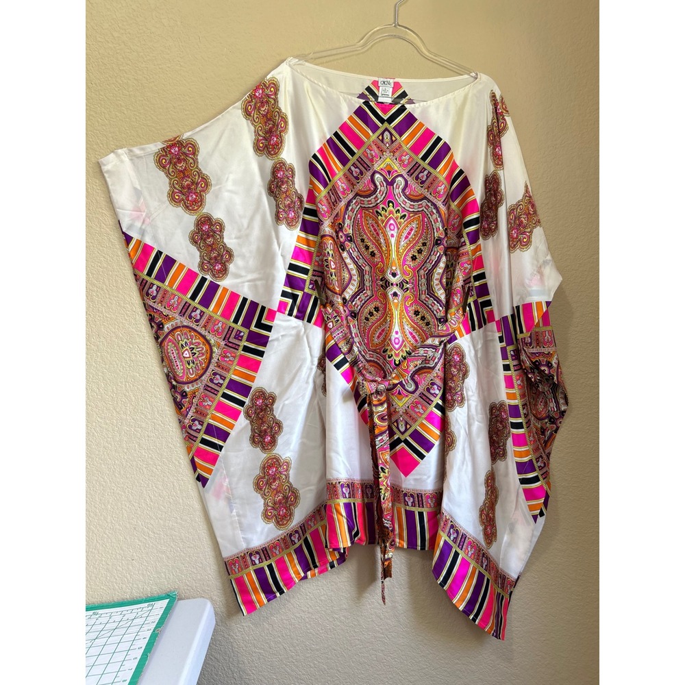 Cache Vintage Silk Kaftan Top Y2K Pink Purple Paisley Batwing Tunic Large